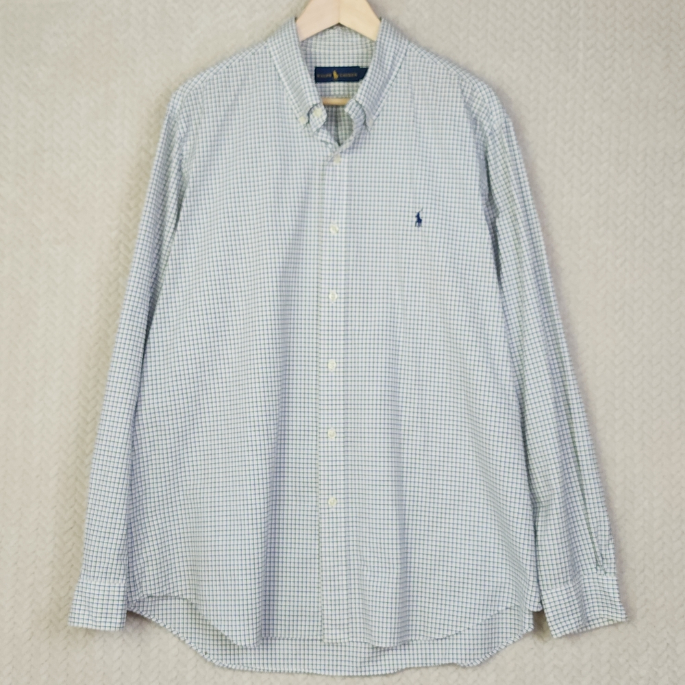 Ralph Lauren White Blue Check Shirt Long Sleeve Button Down Mens XL